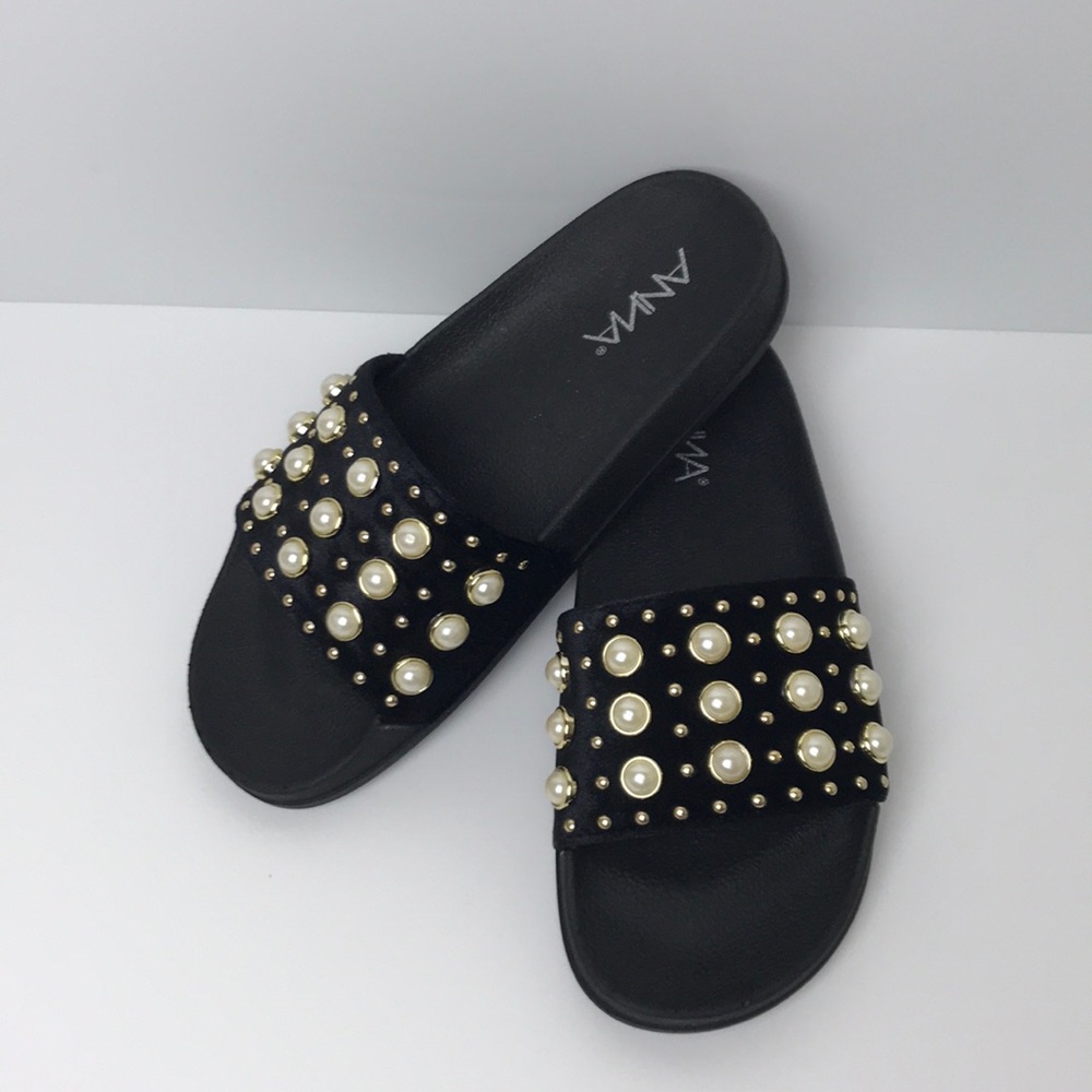 Black Suede Slides with Pearl and Gold Detailing